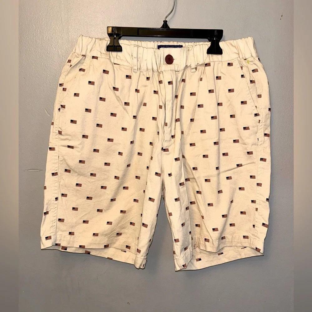 Tipsy Elves shorts - tan with small flag all over print cotton XL